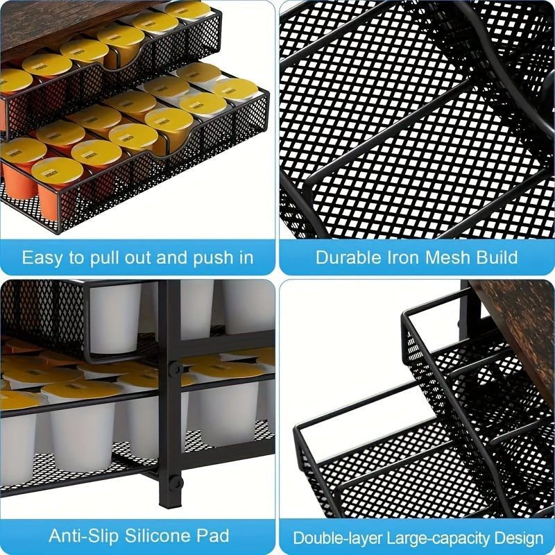 K Cup Storage Drawer, Metal Coffee Pod Holder, Sliding Basket Capsule Storage Box for Counter, Brown