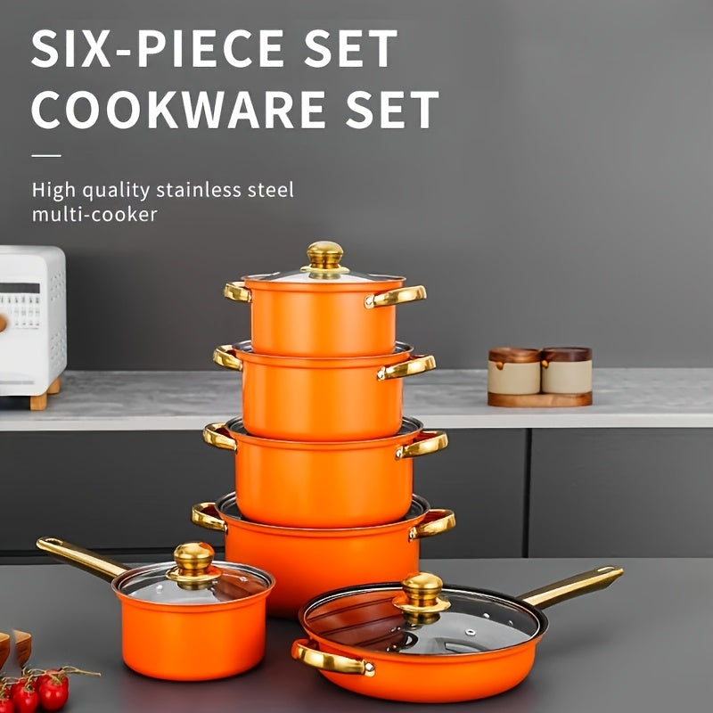 12pcs Thin-Gauge Stainless Steel Cookware Set - Induction Cooker Cooking, Large Pot, Cheese Pot, Dual Handle with Lid, Suitable for Soup, Hot Pot, Pasta, Seafood Soup, Rice Cookware