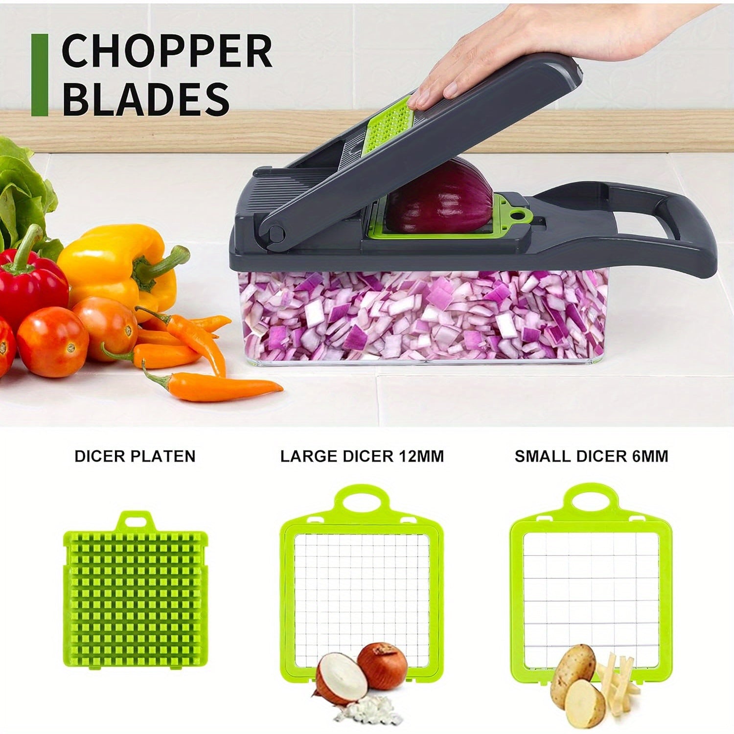 16 - in - 1 Manual Vegetable Chopper Set, with 8 Blades, Container, Grater and Strainer. It's Convenient for Cooking and Is a Professional Slicer for Onions, Carrots and Garlic.