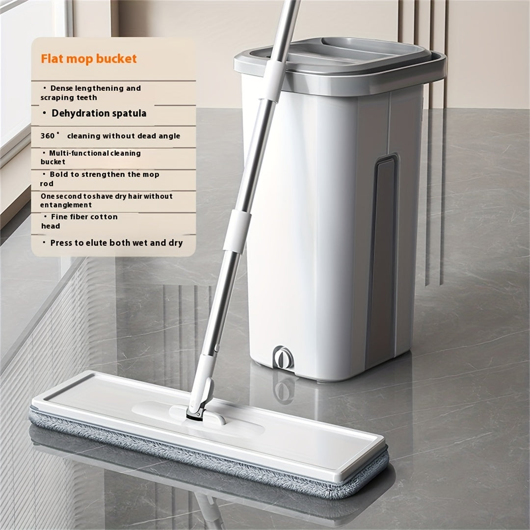 Hands-Free Flat Mop And Bucket Set with Long Handle, Wringer, 2 Reusable Microfiber Pads, 360 Degree Flexible Swivel for Floor Cleaning And Wall Cleaning, Mop And Bucket Cleaning Set