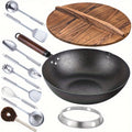 12.6" Iron Wok-11pcs Woks & Stir Fry Pans Wok Pan with Lid, No Chemical Coated Chinese Wok with 10 Cookware Accessories, Flat Bottom Wok for Electric, Induction, Gas Stoves