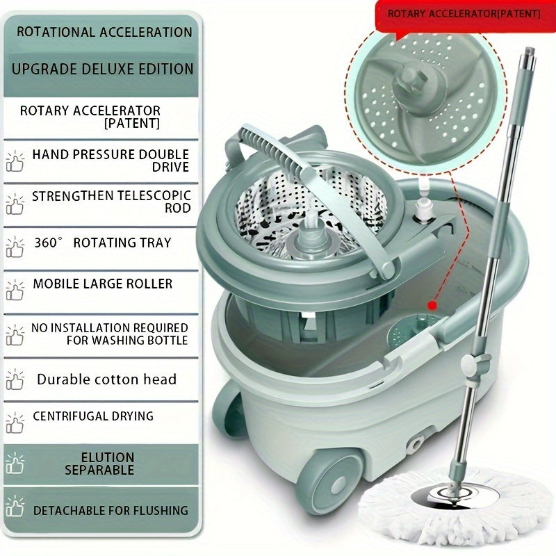 Set of Spin Mop And Bucket, Designed for Bathroom Use, Suitable for School Restrooms, Featuring a 360° Spinning Mop Bucket System That Includes Three Microfiber Mop Replacement Heads And an Adjustable Handle for Effective Floor Cleaning