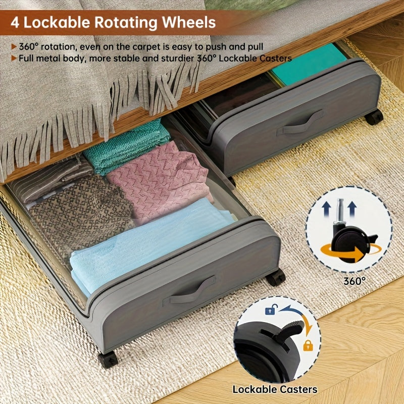 2pcs Under Bed Storage Organizer Metal Underbed Bins With Wheels And Lid Metal Underbed Storage Containers Under Bed Rolling Storage For Clothes, Bedding, Shoes, Blankets, Books, Under-Bed Storage