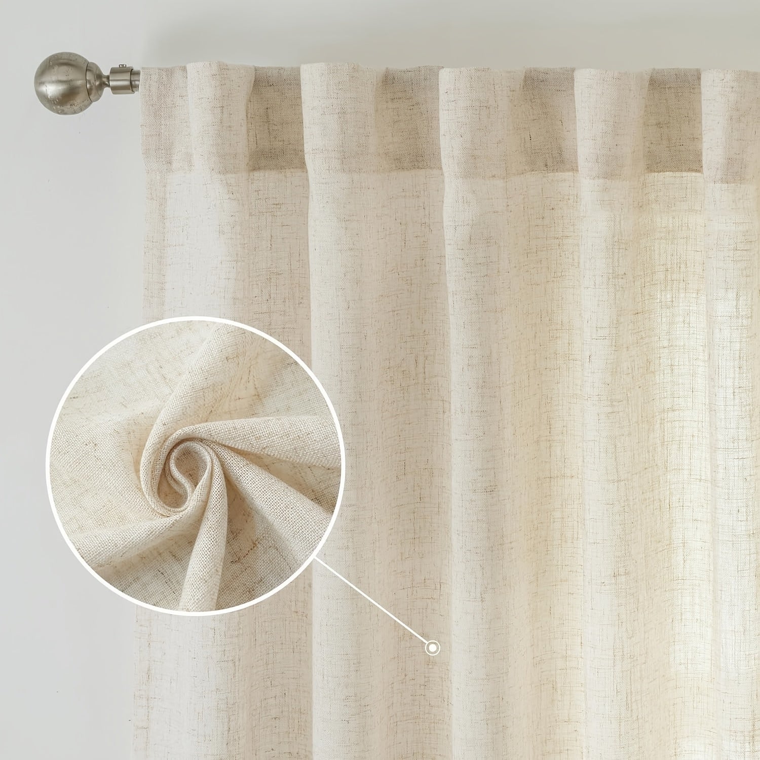 4 Panels Natural Linen Curtains for Living Room Semi Sheer Farmhouse Real Flax Rod Pocket Back Tab Boho Rustic Light Filtering Window Drapes for Bedroom Privacy Assured