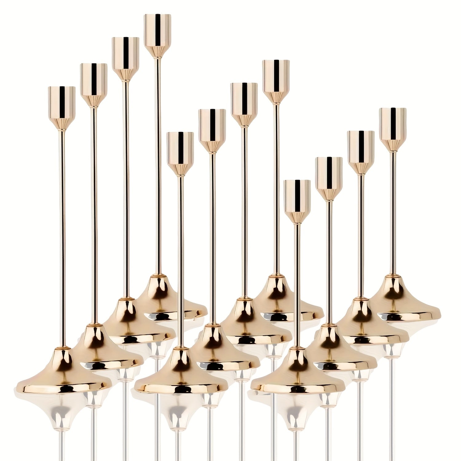 12-Piece Elegant Metal Candle Holders - Modern Tapered Design with Polished Golden Finish, Versatile Tabletop Decor for Christmas, Halloween, Weddings, Anniversaries, Home & Hotel Centerpieces (Candles Not Included)