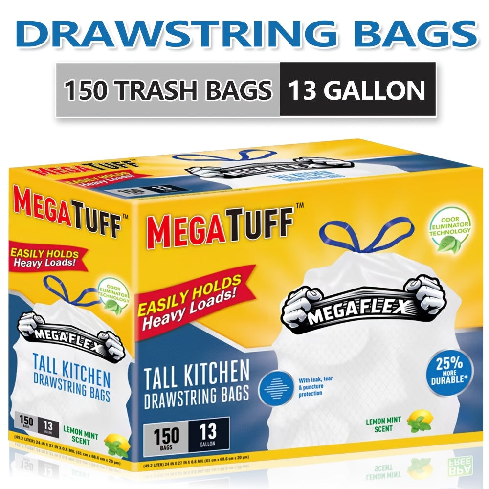 150/78/33 Bags 13 Gallon Capacity Trash Bags, Boxed Disposable Non Tear Garbage Bag Puncture Tear Resistant, ODOR ELIMINATORTECHNOLOGY Kitchen Drawstring Garbage Bags Fresh Clean Scent with Lemon Mint Scent, EASY to USEDRAWSTRINGS MORE DURABLE