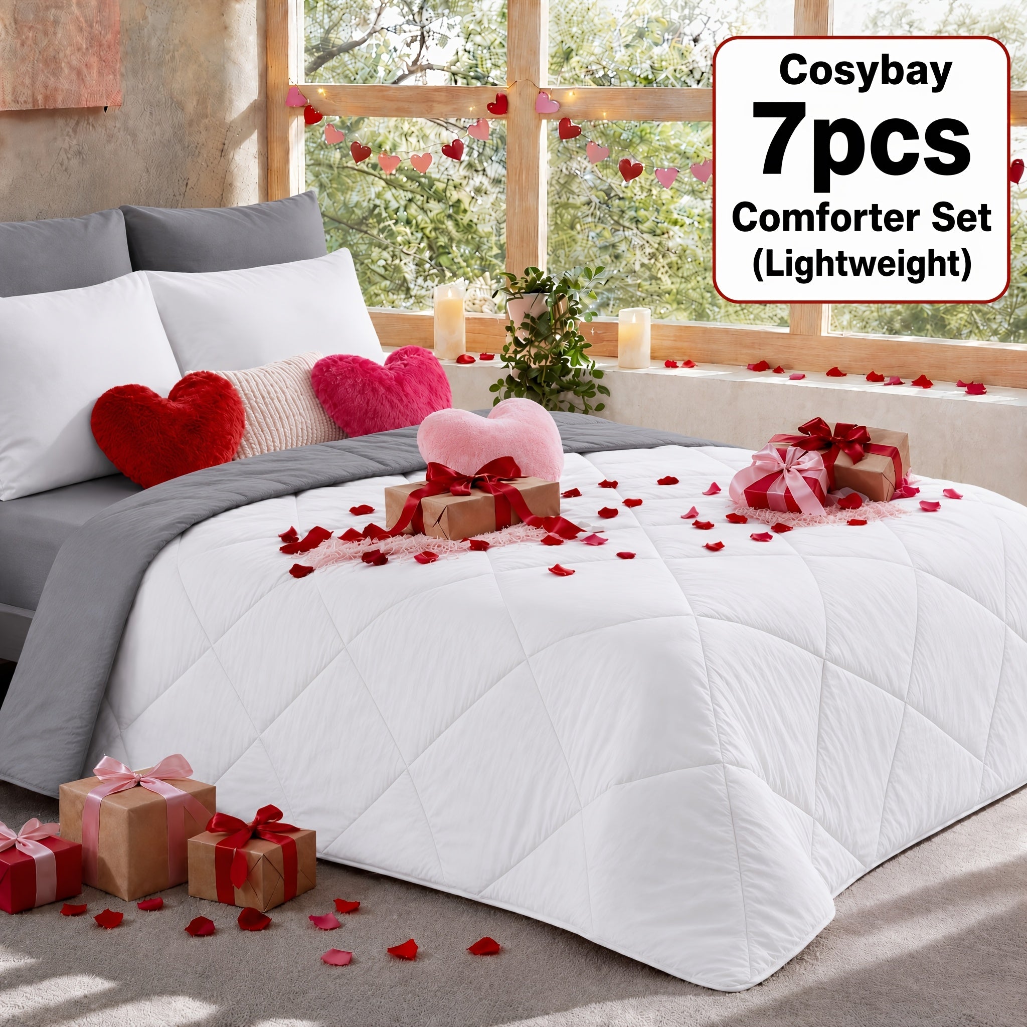 Cosybay 7PC Comforter Set-Luxury Soft Fluffy Pinch Pleated Bedding with 1 Comforter, 1 Fitted Sheet, 1 Flat Sheet, And 4 Pillowcases & Pillow Cover-All Season Quilte Set Queen, Hypoallergenic, Breathable, Easy Care,valentine's Day Gifts,school