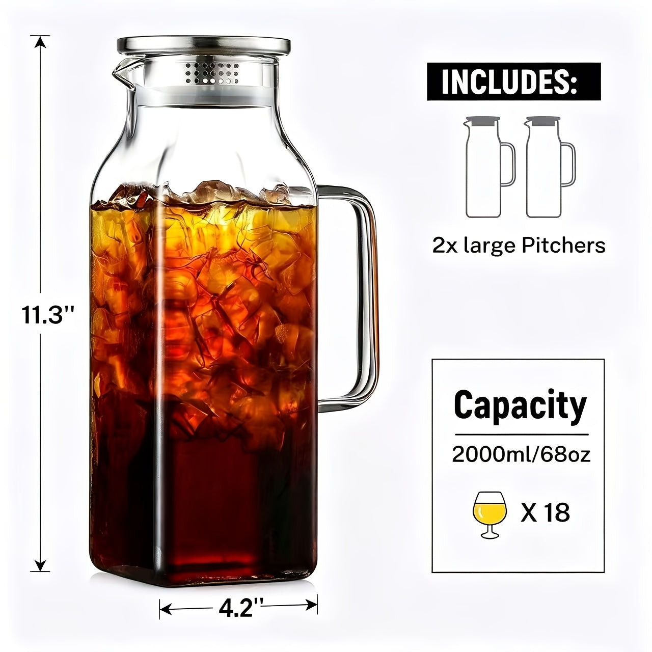 1/2 Pack 2 Liters/68 Oz Square Glass Pitcher With Lid And Handle For Fridge, Iced Tea And Coffee Carafe Beverage Serveware, Heat Resistant Borosilicate Water Jug For Hot/Cold Drinks And Milk