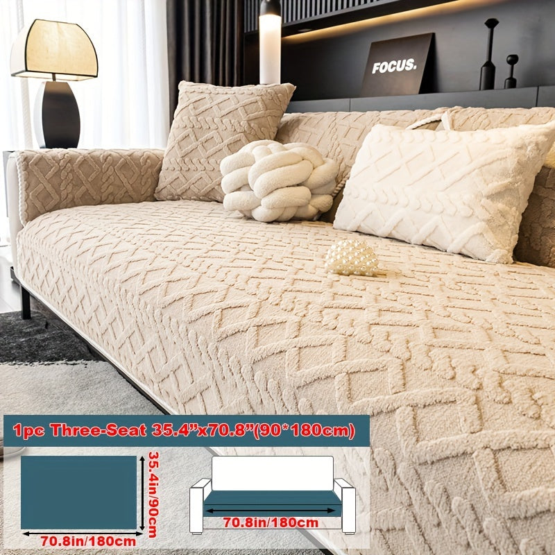 1pc Plush Sofa Mat, Polyester Shu Velveteen Jacquard Knit Fabric Couch Cover, 200-250 g/㎡, Separate Seating Modern Style, Machine Washable Anti-Slip Protection, for Bedroom Office Living Room Home Decoration