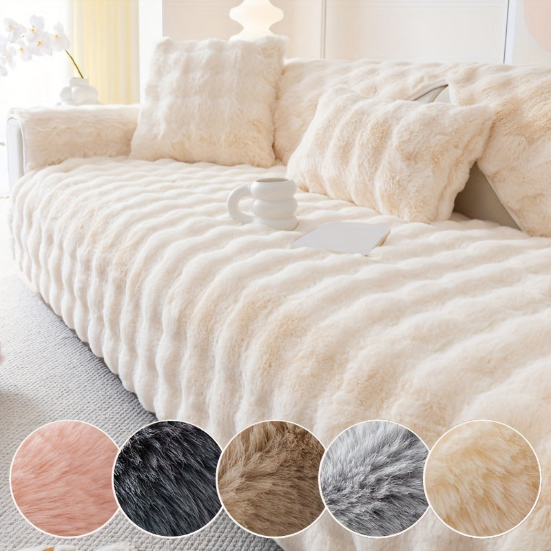1pc Faux Rabbit Plush Sofa Cover - Winter Warm Thickened Soft Pet-Friendly Anti-Slip Furniture Protection Cover for Bedroom, Office, Living Room