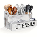 Extra Large Kitchen Utensil Organizer with 4 Compartments, White Wooden Kitchen Utensil Organizer for Kitchen Countertops, Farmhouse Utensil Storage, Rustic Cooking Utensils - White.