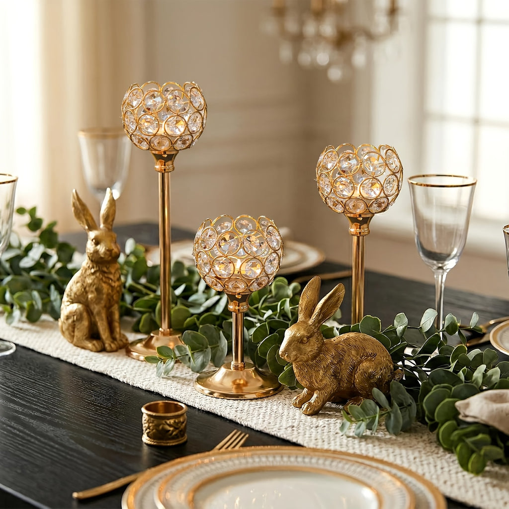 3pcs Crystal Candle Holder, Tabletop Polished Finish, Windproof Candle Holders for Home Decoration, Wedding Anniversary, Christmas Halloween Dinner Props, Birthday Gift, Family Theme Table Centerpiece