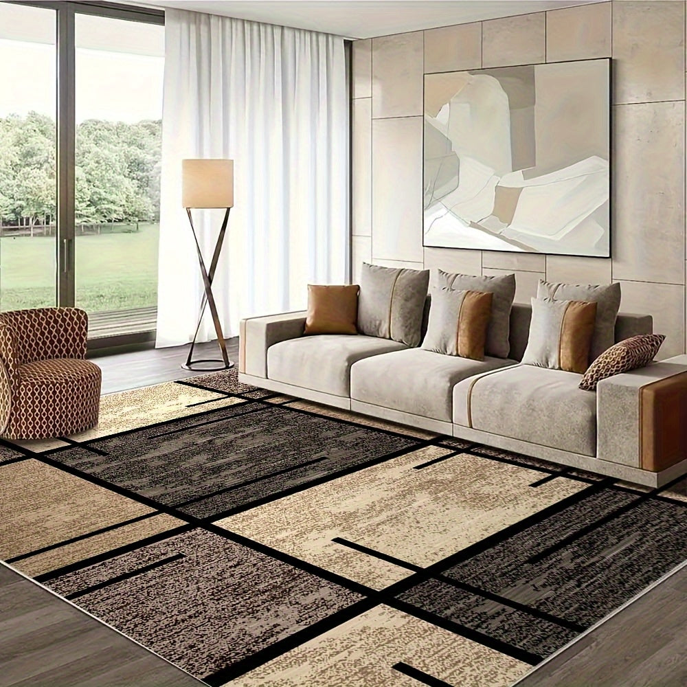 Premium Velvet Area Mat - Machine Washable, Fade-Resistant Polyester Mat for Living Room, Bedroom, Office, and Outdoor Decor - Rectangle, Lightweight, Easy to Clean - 850 GSM, Beige and Brown Geometric Pattern