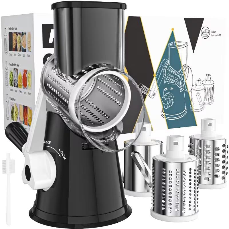 Hand-Cranked Rotary Cheese Grater for Shredding Fresh Cheese, Vegetables, And Nuts, Featuring a Non-Slip Suction Base And a Complimentary Cleaning Brush with Three Blades.