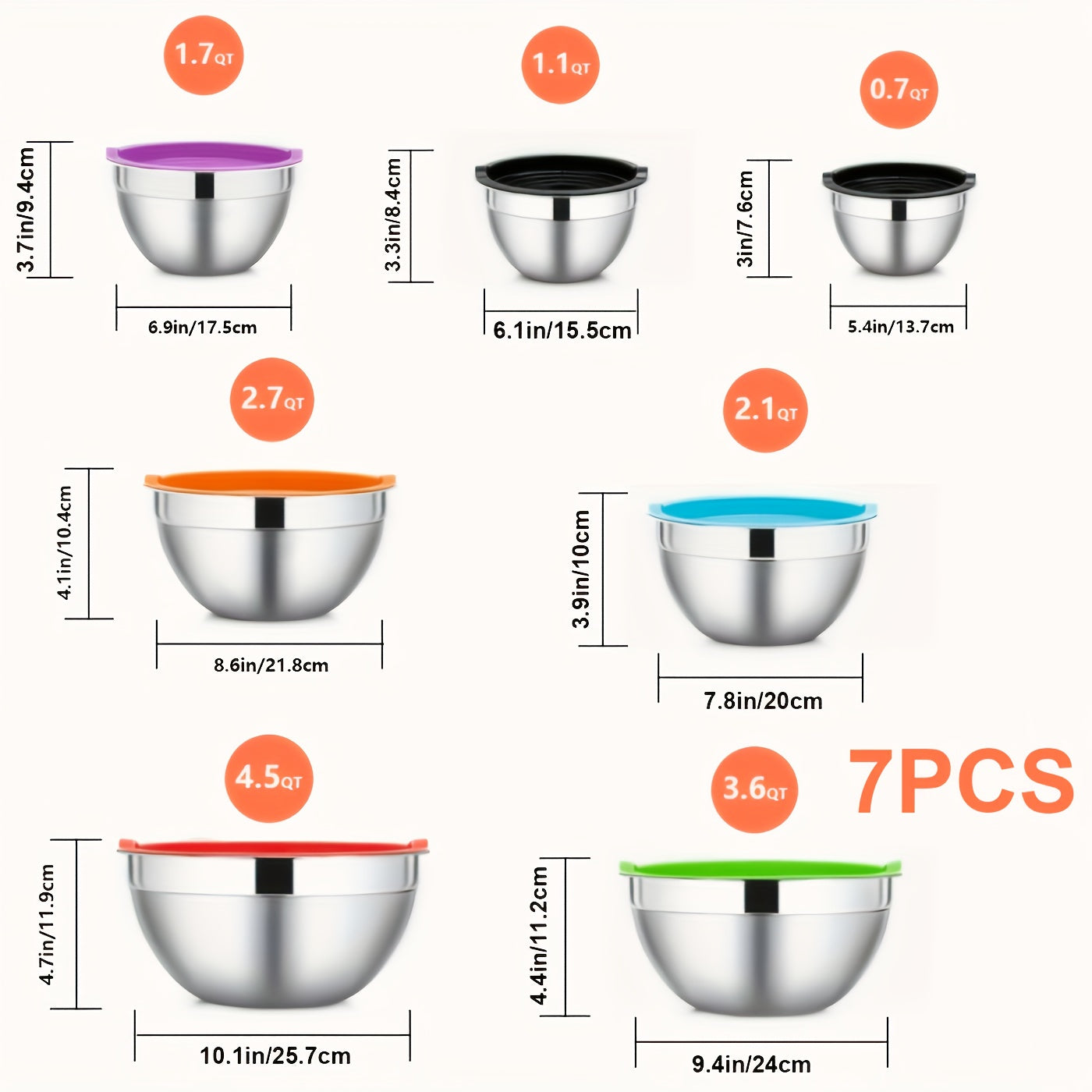 7pcs mixing bowls with sealed lids - rust proof, easy to grip - perfect for cooking and serving, baking, vegetable, salad mixing - stainless steel bowls with lids - mixing bowls with lids, holiday gifts