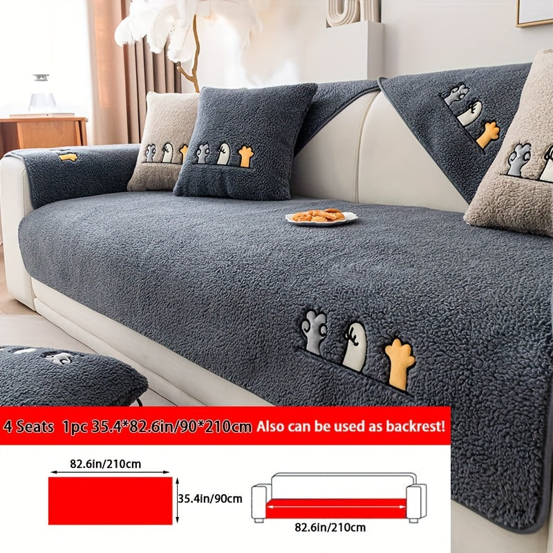 1pc Plush Thick Shearling Sofa Cover with Cute Animal & Bone Embroidery - Pet-Friendly, Non-Slip Couch Protector for All Sofa Sizes from Single to Four-Seater - Soft, Warm Decor for Living Room, Bedroom, Office, Sofa Covers for Living Room