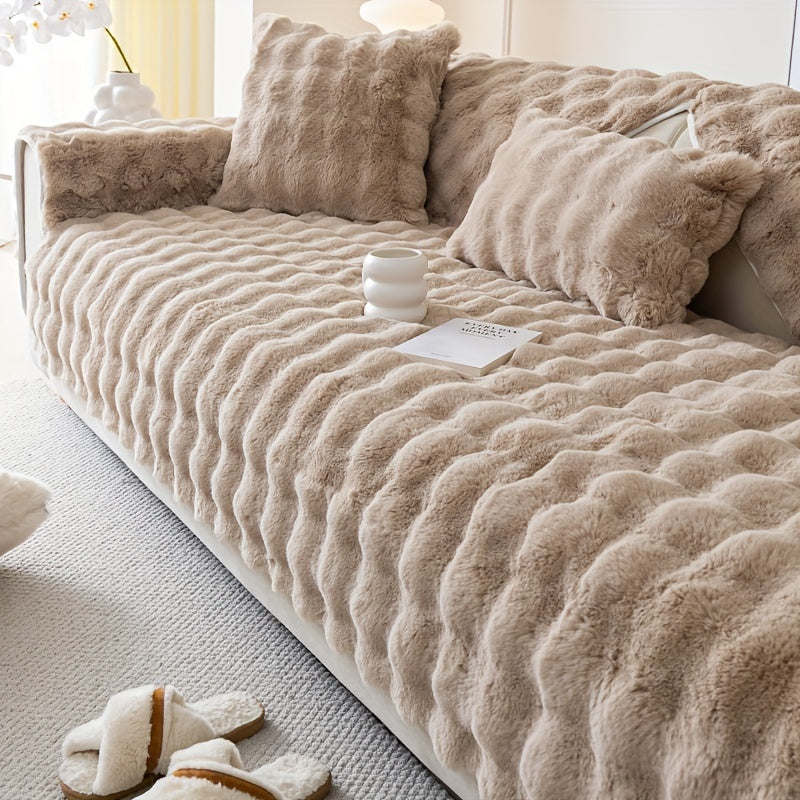1pc Faux Rabbit Plush Sofa Cover - Winter Warm Thickened Soft Pet-Friendly Anti-Slip Furniture Protection Cover for Bedroom, Office, Living Room