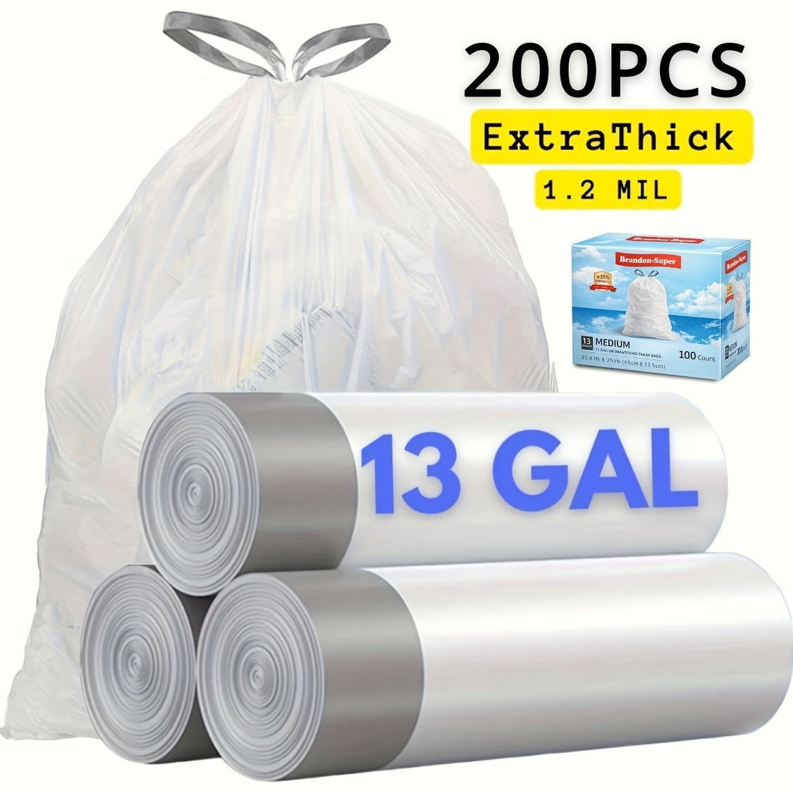 100/200-Pack/ 4/8 Rolls Heavy Duty 13 Gal Drawstring Trash Bags - Leak-Proof Commercial-Grade Garbage Liners for Restaurants, Offices & High-Traffic Areas - Extra Thick Tear-Resistant Design