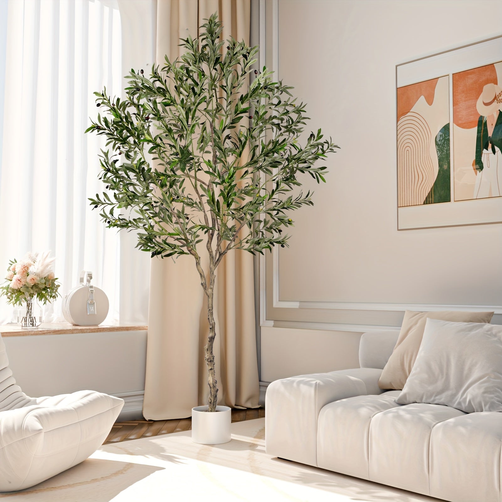 Artificial Olive Tree Indoor 5FT/6FT/7FT/8FT, Potted Tall Faux Olive Tree For Home Office Living Room Bathroom Bedroom Floor Fronted Door Decor, Large Fake Silk Olive Tree Plant With Lifelike Trunk Branch Fruits Leaves Outdoor Decor Accessories