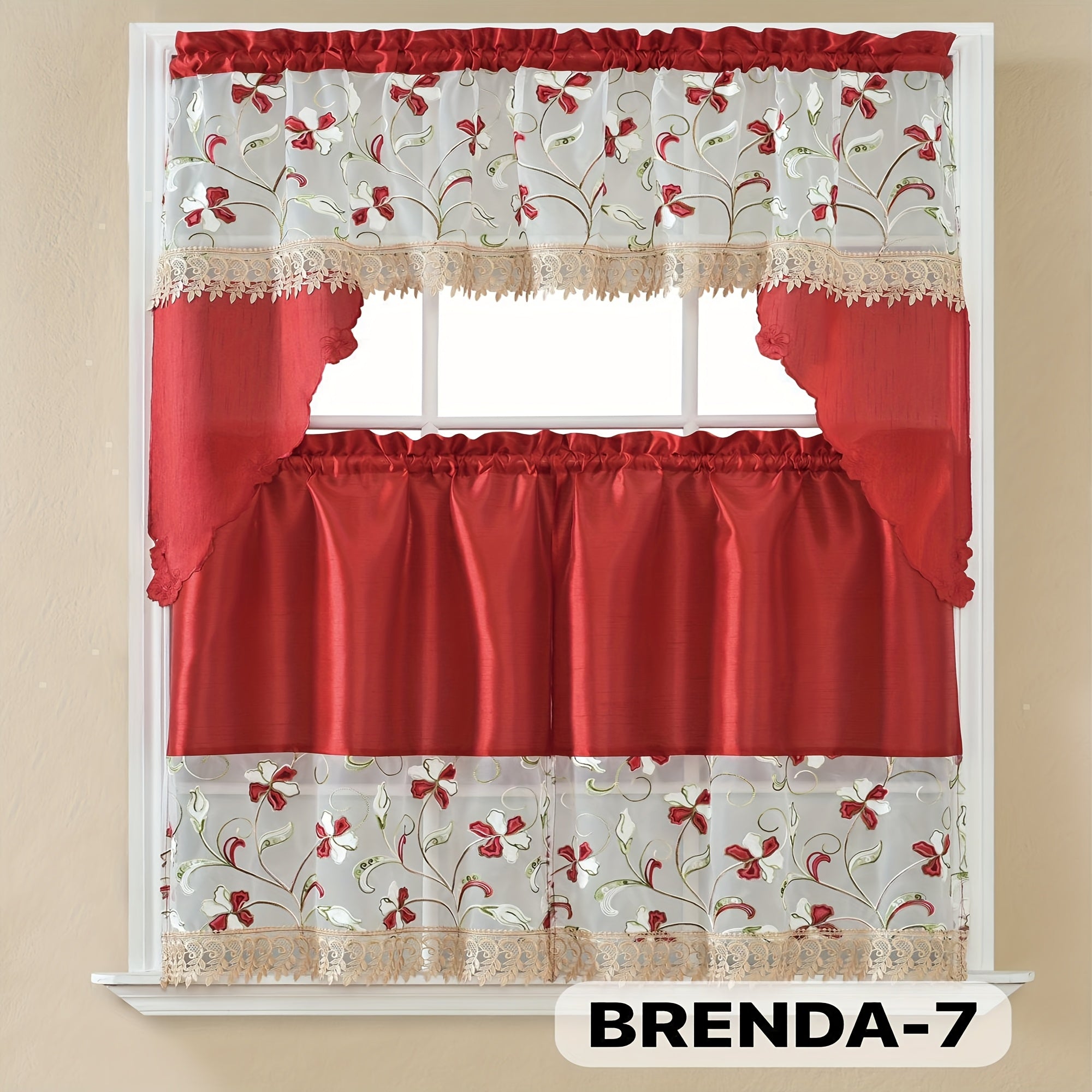 3pcs Embroidery Kitchen Curtains Set Flowers Embroidery Satin Fabric Faux Lightweight Soft Easy Care Machine Washable 49 Design Styles Available Holiday Gifts for Family Local Warehouse All Season Use Summer