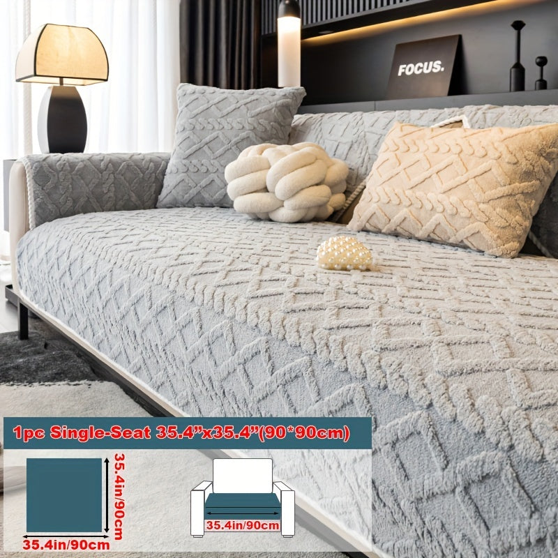 1pc Plush Sofa Mat, Polyester Shu Velveteen Jacquard Knit Fabric Couch Cover, 200-250 g/㎡, Separate Seating Modern Style, Machine Washable Anti-Slip Protection, for Bedroom Office Living Room Home Decoration