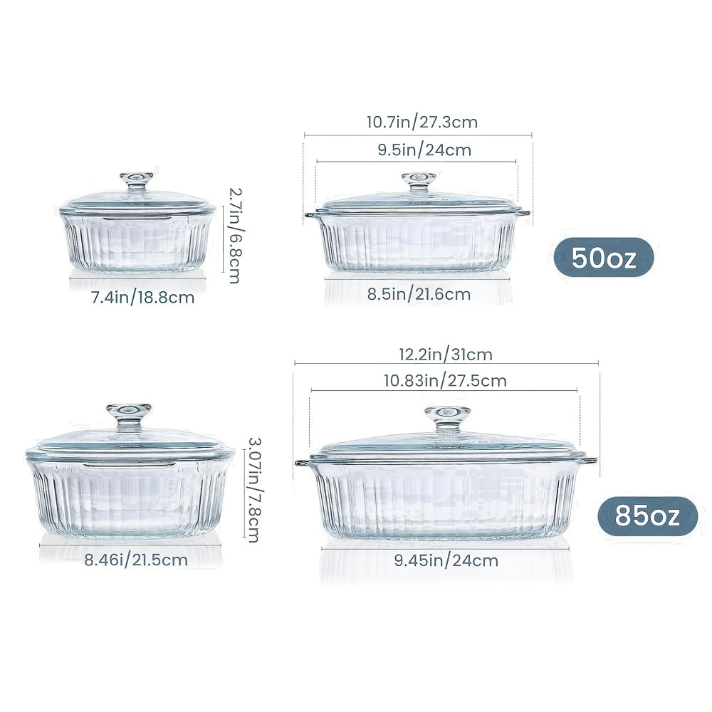 Oval Glass Casserole Dish with Lid Set - 50oz & 85oz, Oven & Microwave Safe, Perfect for Baking, Cooking, Pasta, Chicken, and Desserts