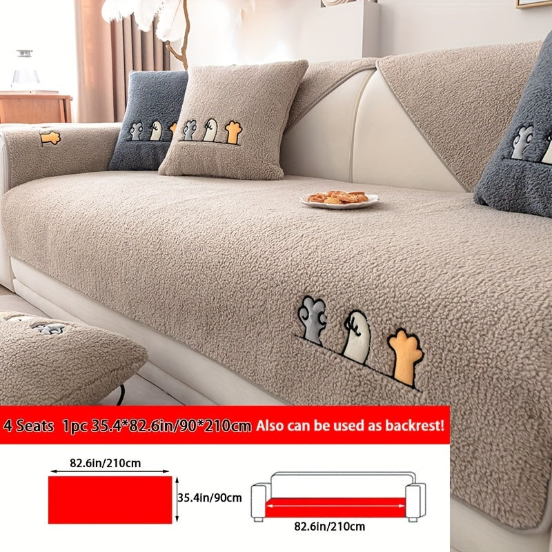 1pc Plush Thick Shearling Sofa Cover with Cute Animal & Bone Embroidery - Pet-Friendly, Non-Slip Couch Protector for All Sofa Sizes from Single to Four-Seater - Soft, Warm Decor for Living Room, Bedroom, Office, Sofa Covers for Living Room
