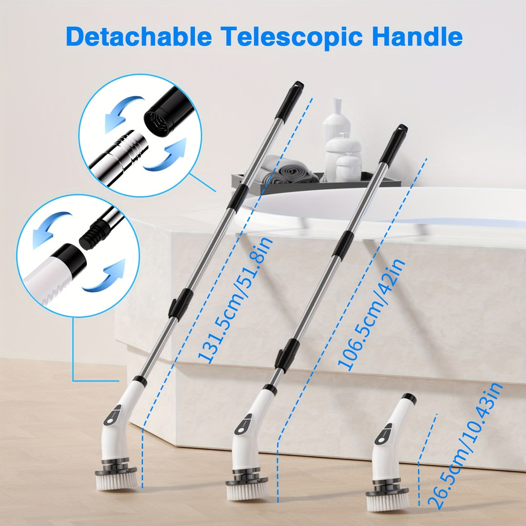 Multifunctional Electric Spin Scrubber Cordless Cleaning Brush, 7-in-1 Cleaning Brush, Adjustable Speeds 7 Replaceable Heads, Dual-speed And Detachable Telescopic Handle, Suitable for Car, Kitchen, Living Room And Bathroom