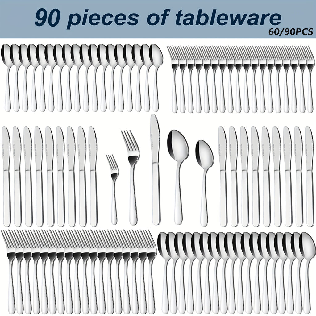 90P Stainless Steel Silverware Suitable for 18 People to Use, 60/90pcs, Steak Knife, Salad Fork, Dessert Spoons, Cutlery Set with Gift Box, Kitchen Accessories, Home Outdoor, Wedding Camping Stuff, Halloween Party Gift, Dishwasher Safe