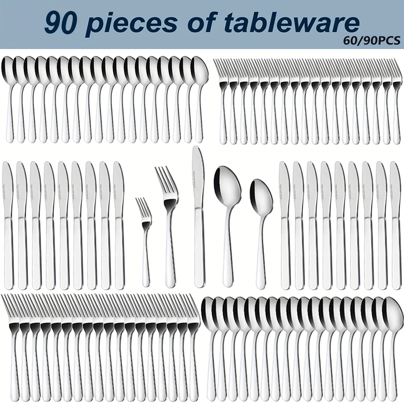 90P Stainless Steel Silverware Suitable for 18 People to Use, 60/90pcs, Steak Knife, Salad Fork, Dessert Spoons, Cutlery Set with Gift Box, Kitchen Accessories, Home Outdoor, Wedding Camping Stuff, Halloween Party Gift, Dishwasher Safe