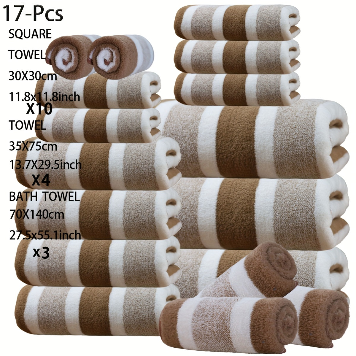 17pcs Luxury Bath Towels Set - Quick-Dry Highly Absorbent Plush Soft Coral Fleece-like Texture, Multi-Size Family Bathroom Towels with Hanging Loops (11.81x11.81inch, 27.56x55.12inch) for Home, Hotel & Spa - Navy & Striped Design, Durable & Space-Saving S