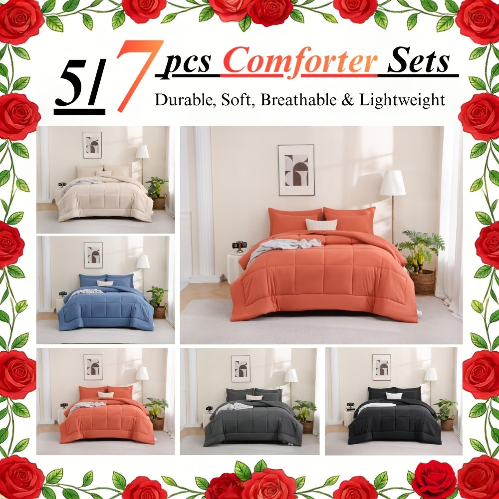 5/7pcs Queen Comforter Set - Bed In A Bag Set, Bedding Sets With Box Stitches All Season Quilted Comforter, Flat Sheet, Fitted Sheet, Pillowcases, Queen/King Available, Local Warehouse