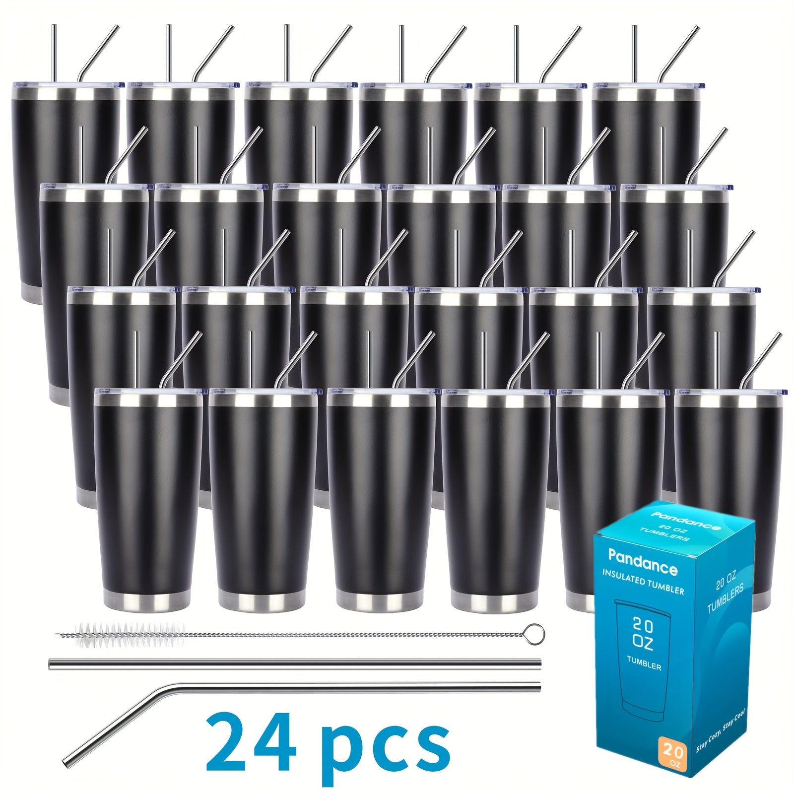 8/12/24pcs 20Oz 304 Stainless Steel Insulated Tumblers with Lid And Straw Bulk, Double Wall Vacuum Water Cups for Hot & Iced Coffee Drinks Travel Mug