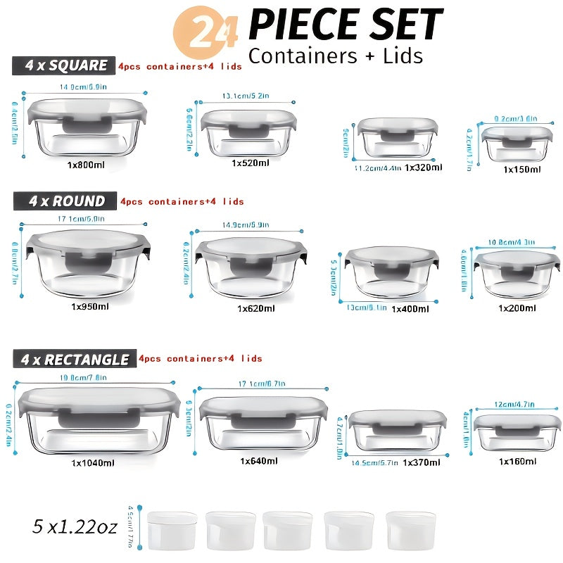 24pcs Set of Glass Food Storage Containers with Lids (12 Containers And 12 Lids), for Meal Preparation, Pantry, Kitchen, And Lunch Storage. Leak-Proof, Airtight Glass Lunch Boxes, Microwave, Oven, Refrigerator, And Dishwasher Safe