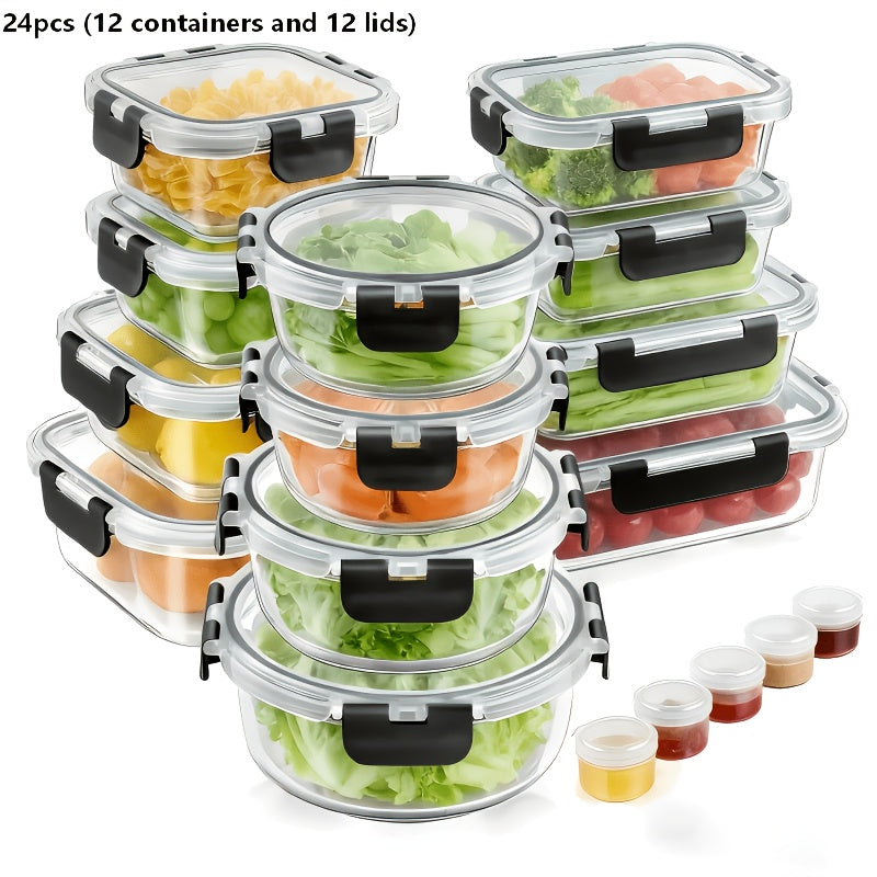 24pcs Set of Glass Food Storage Containers with Lids (12 Containers And 12 Lids), for Meal Preparation, Pantry, Kitchen, And Lunch Storage. Leak-Proof, Airtight Glass Lunch Boxes, Microwave, Oven, Refrigerator, And Dishwasher Safe