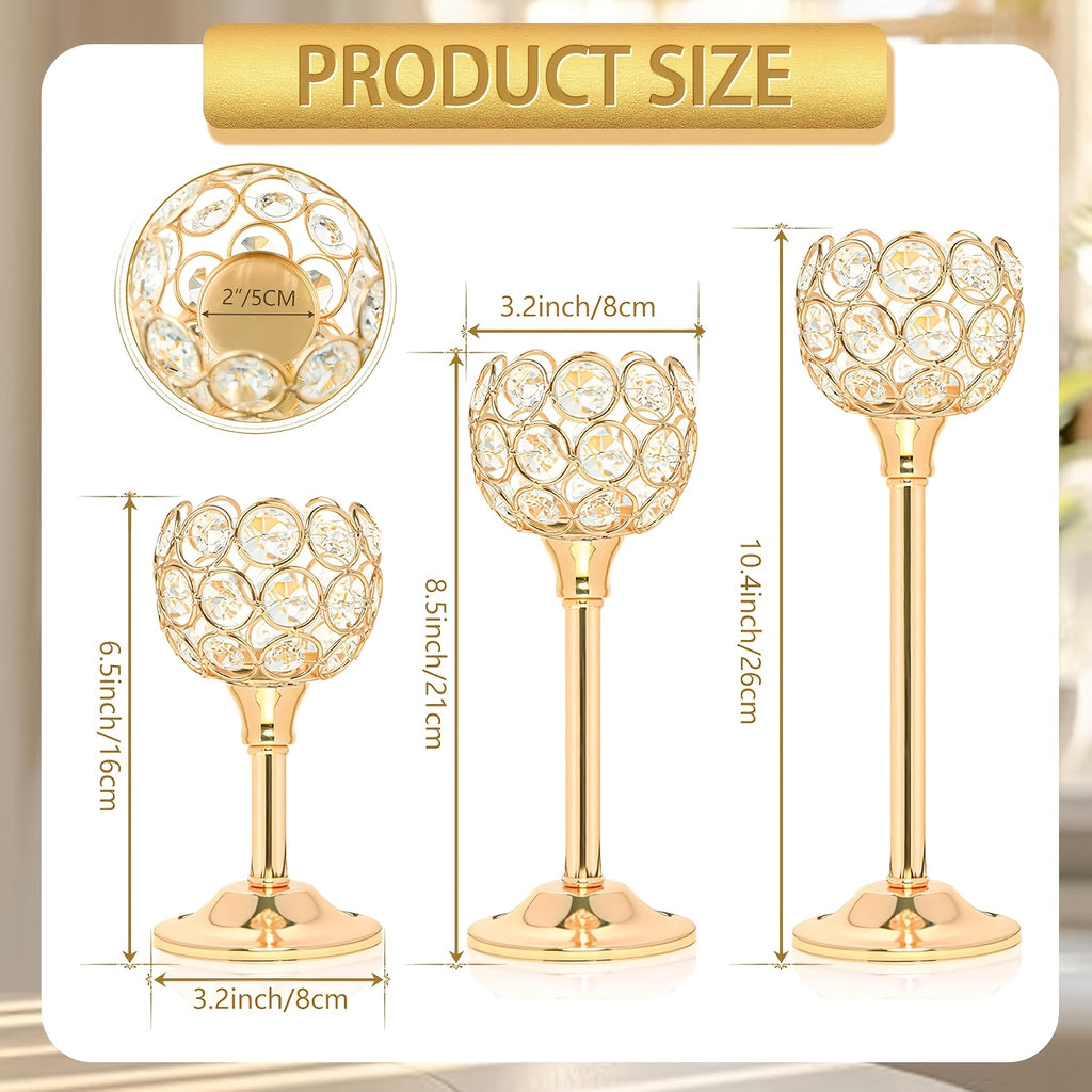3pcs Crystal Candle Holder, Tabletop Polished Finish, Windproof Candle Holders for Home Decoration, Wedding Anniversary, Christmas Halloween Dinner Props, Birthday Gift, Family Theme Table Centerpiece