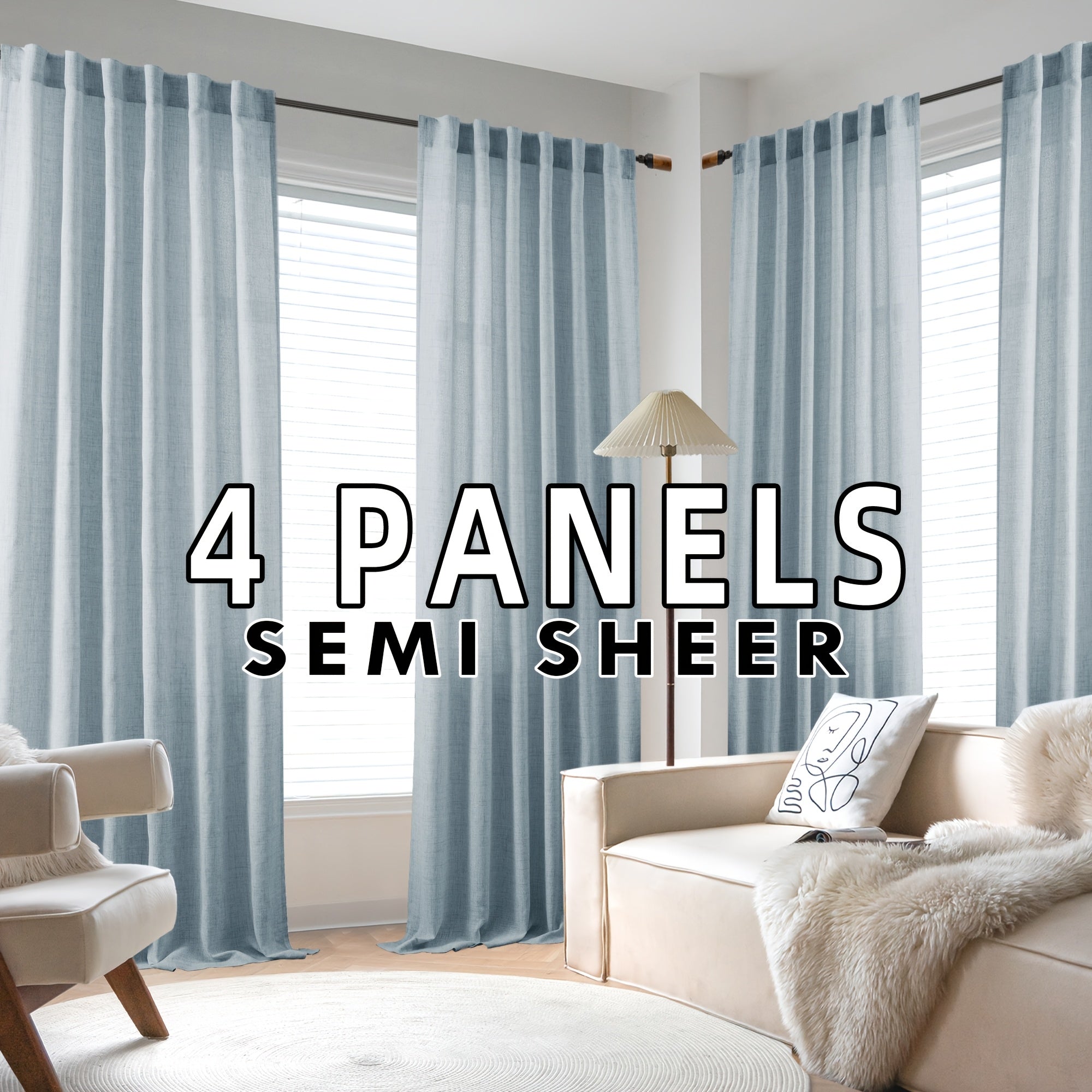 4 Panels Natural Linen Curtains for Living Room Semi Sheer Farmhouse Real Flax Rod Pocket Back Tab Boho Rustic Light Filtering Window Drapes for Bedroom Privacy Assured