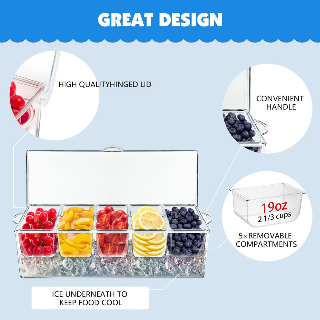 Chilled Condiment Server Tray, Bar Fruit Caddy with Lid And 5 Removable Compartments, Clear Ice Condiment Serving Tray for Party, Toppings Bar Container, Garnish