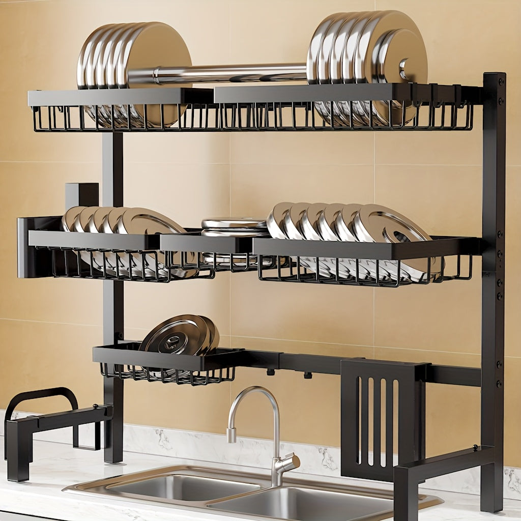 Black Friday Christmas Special! 3-Tier Over Sink Dish Drying Rack - Adjustable Expandable Kitchen Organizer with Baskets, Carbon Steel & Plastic, Black | Space-Saving Drainer | Escurridor De Platos