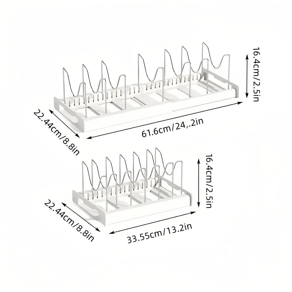 Adjustable Pots and Pans Organizer Rack with Dividers - Expandable Under Cabinet Storage for Bakeware, Lids (White)