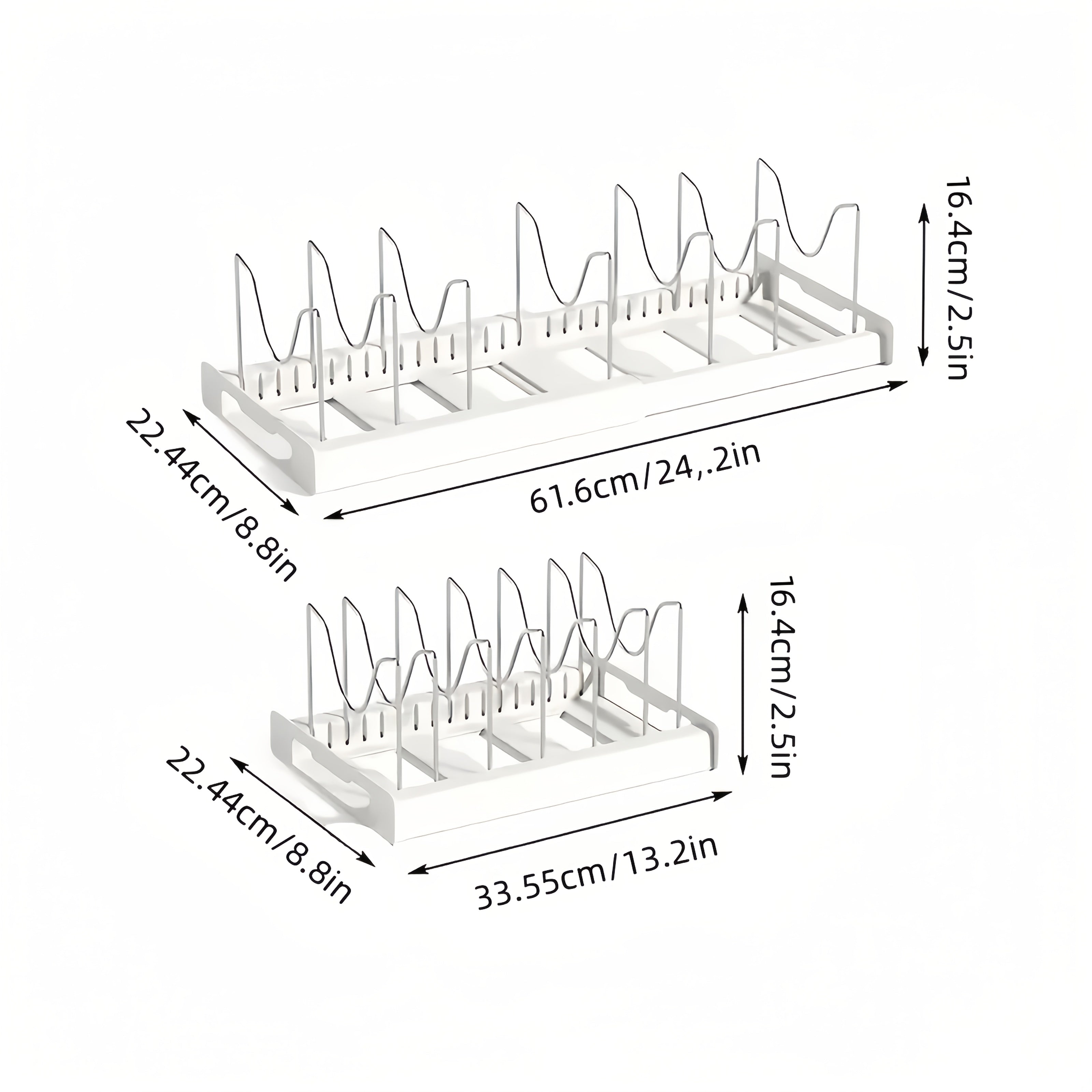 Adjustable Pots and Pans Organizer Rack with Dividers - Expandable Under Cabinet Storage for Bakeware, Lids (White)