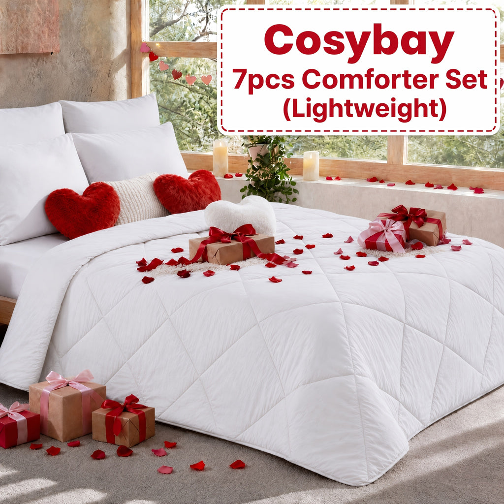 Cosybay 7PC Comforter Set-Luxury Soft Fluffy Pinch Pleated Bedding with 1 Comforter, 1 Fitted Sheet, 1 Flat Sheet, And 4 Pillowcases & Pillow Cover-All Season Quilte Set Queen, Hypoallergenic, Breathable, Easy Care,valentine's Day Gifts,school