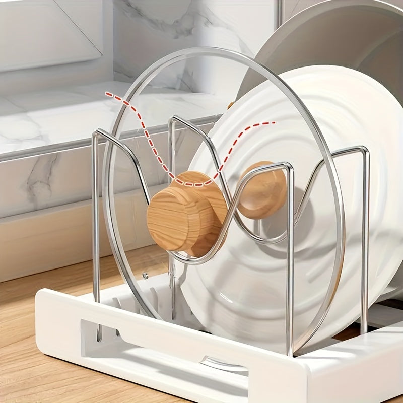 Adjustable Pots and Pans Organizer Rack with Dividers - Expandable Under Cabinet Storage for Bakeware, Lids (White)