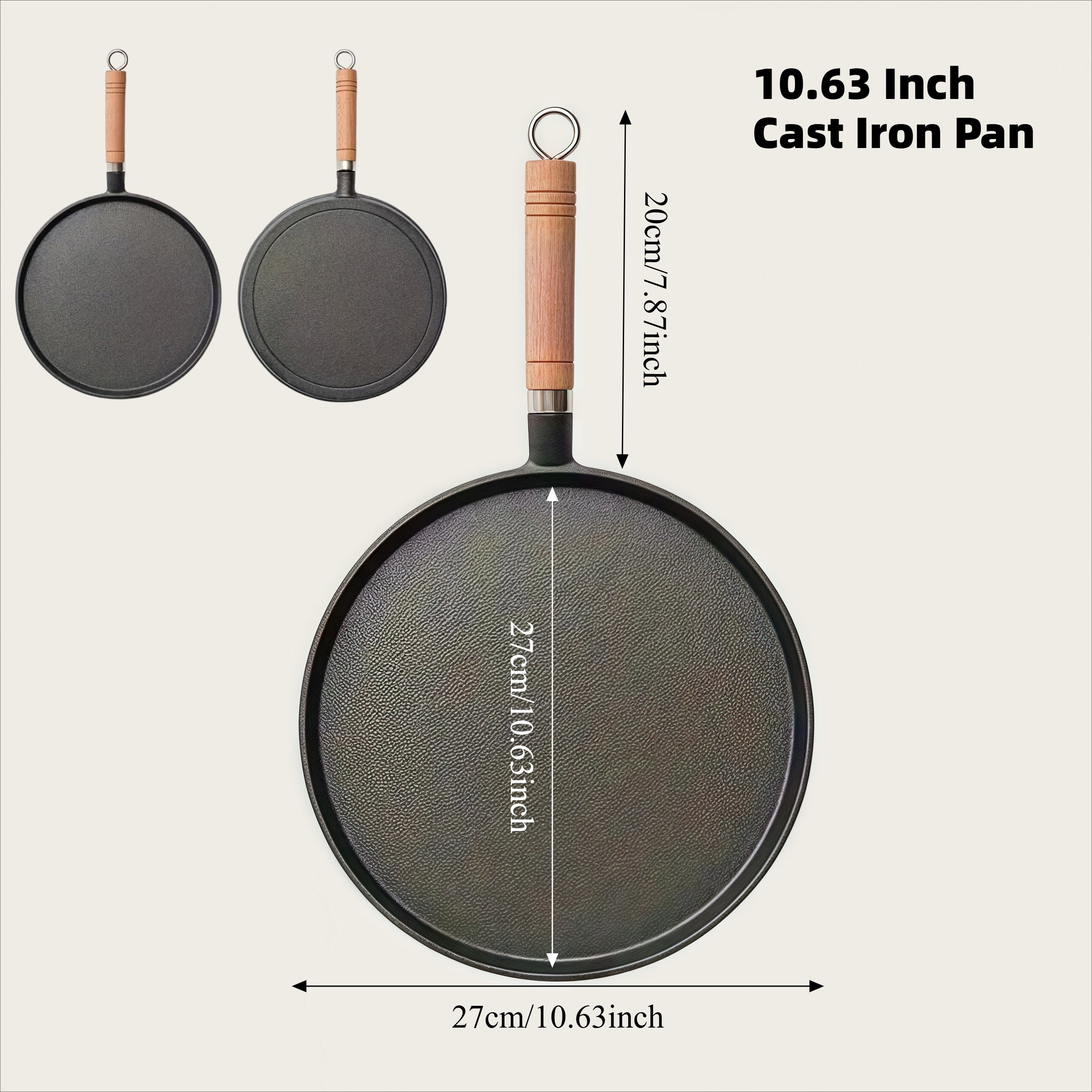 3 Sizes Cast Iron Skillet with Handle, 8.27/ 9.45/ 10.63 Inch Flat Pan for Pancakes, Ideal for Eggs and Crepes, Durable and Non-Stick Cookware for Induction, Gas, Campfire, Ideal for Breakfast, Grilling, Camping, Outdoor Cooking