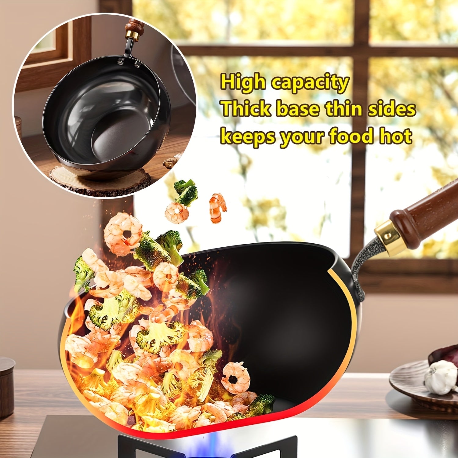 Japanese Wok, Ideal for Pots and Pans Set, Large Bellied Non Stick Cookware, Heat Resistant Handle, Fit Gas Induction Stoves, Pressure Cooker Fast Stew, Chafing Dish Alternative, Kitchen Accessories & Gadgets, for Camping, Soups Stewing