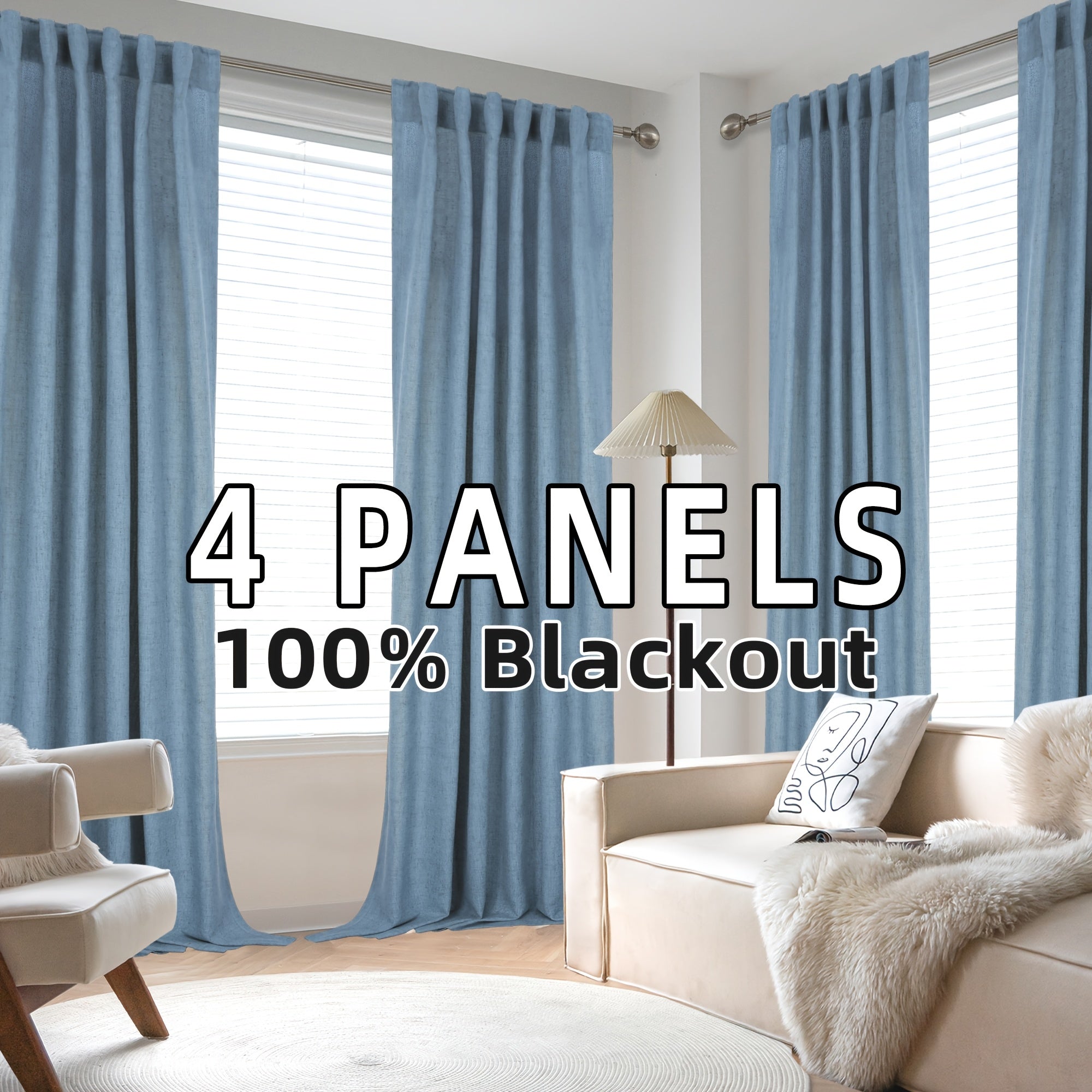 4 Panels 100% Blackout Linen Curtains for Bedroom Farmhouse Thermal Insulated Rod Pocket Back Tab Full Light Blocking for Living Room