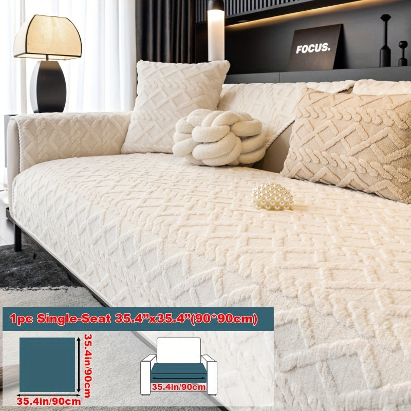 1pc Plush Sofa Mat, Polyester Shu Velveteen Jacquard Knit Fabric Couch Cover, 200-250 g/㎡, Separate Seating Modern Style, Machine Washable Anti-Slip Protection, for Bedroom Office Living Room Home Decoration