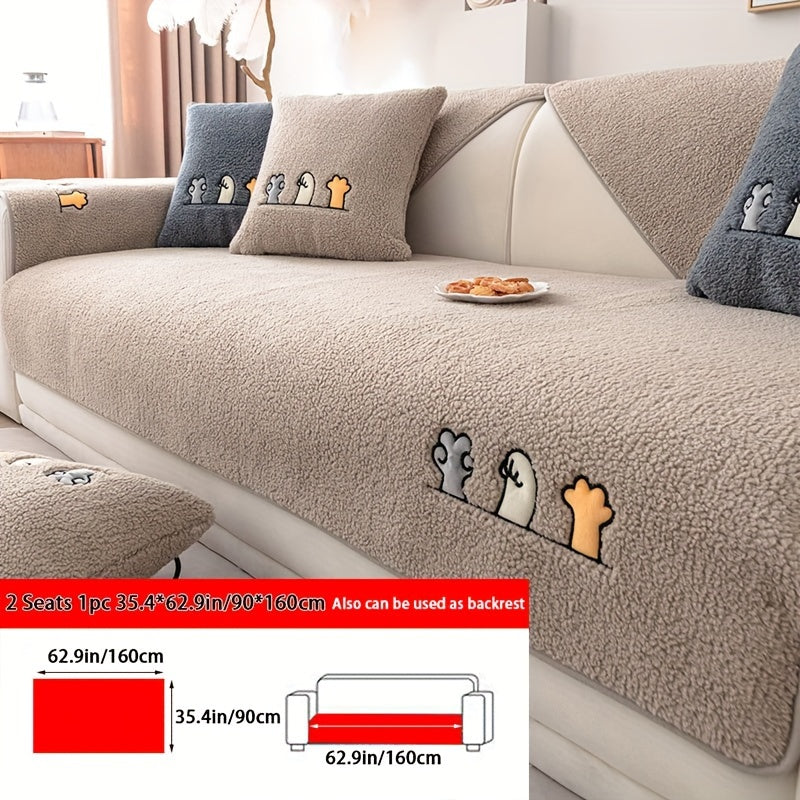 1pc Plush Thick Shearling Sofa Cover with Cute Animal & Bone Embroidery - Pet-Friendly, Non-Slip Couch Protector for All Sofa Sizes from Single to Four-Seater - Soft, Warm Decor for Living Room, Bedroom, Office, Sofa Covers for Living Room