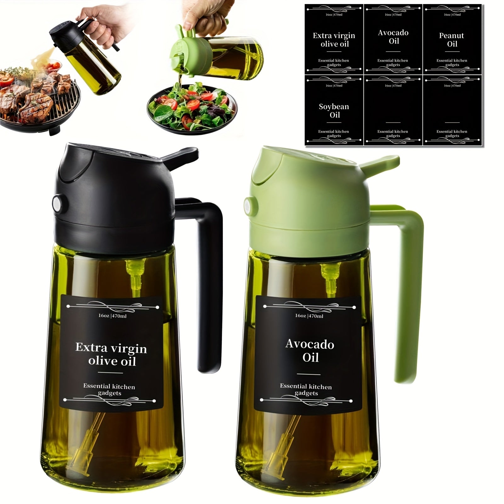 2pcs Kitchen Glass Olive Oil Dispenser Bottle, 2-In-1 Oil Bottle And Cooking Sprayer, 16Oz Premium Dark Green Glass Oil Bottle, Oil Sprayer for Cooking, Oil Dispenser for Kitchen with 6pcs Stickers, The Perfect Cooking Gadget for BBQ, Rvs, And Salad
