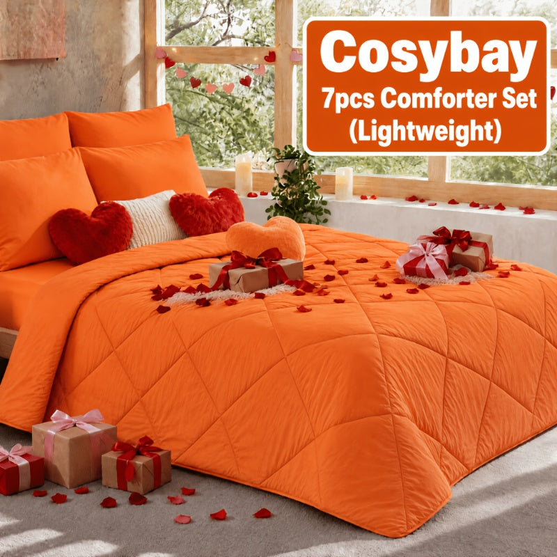 Cosybay 7PC Comforter Set-Luxury Soft Fluffy Pinch Pleated Bedding with 1 Comforter, 1 Fitted Sheet, 1 Flat Sheet, And 4 Pillowcases & Pillow Cover-All Season Quilte Set Queen, Hypoallergenic, Breathable, Easy Care,valentine's Day Gifts,school